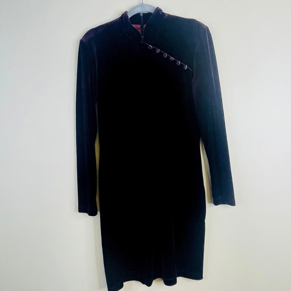 Vintage Cheongsam Mandarin Velvet Dress Womens 8 Holiday Party Long Sleeved